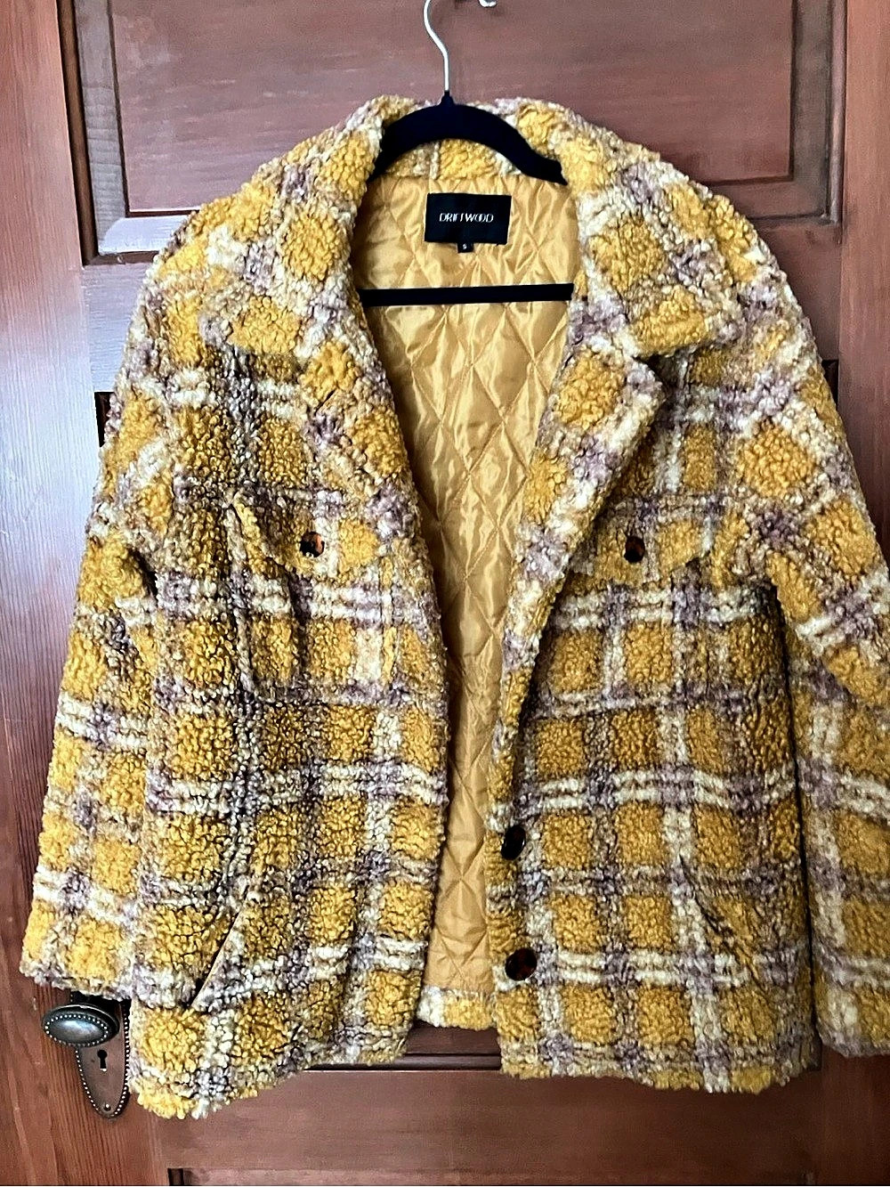Driftwood Plaid Teddy Jacket in Yellow & Brown Small
